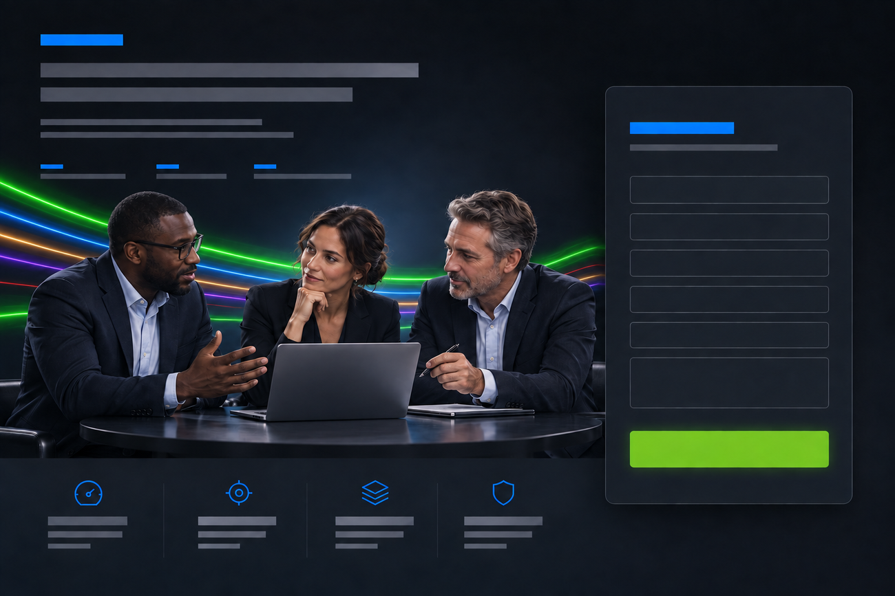 Trois professionnels B2B &eacute;changeant autour d&rsquo;un ordinateur dans une landing page avec formulaire de contact