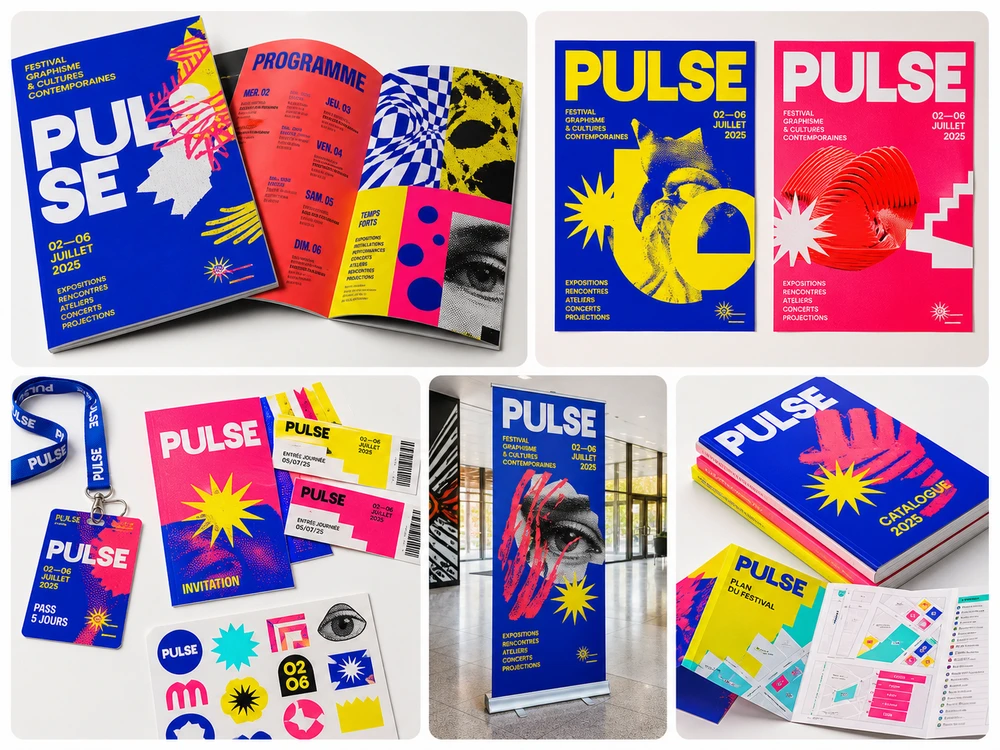 Brochure ouverte avec design graphique moderne et éléments numériques, illustrant un projet de communication visuelle.